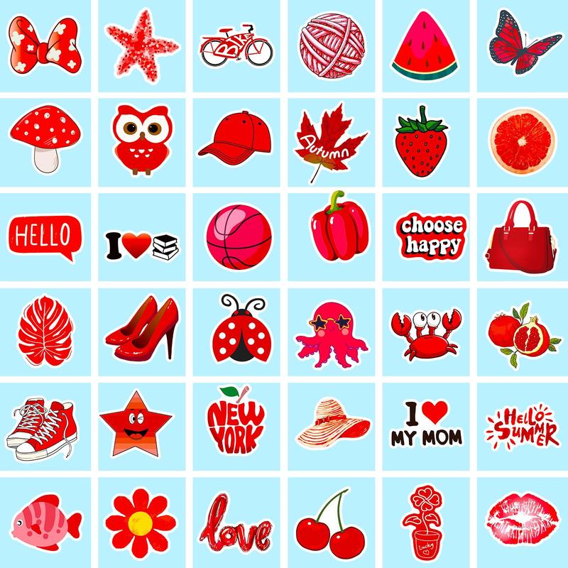 50pcs Red Themed Mixed Pattern Sticker, Cute Cartoon Self-adhesive Decorative Stickers, Diy Decals for Water Bottle, Laptop, Phone Case, Scrapbooking, Journal Making, Gift Wrapping