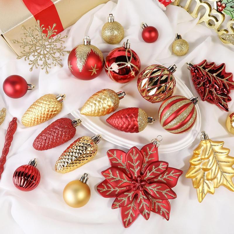 2024 106PCS Christmas Balls Ornaments Set, featuring colorful shatterproof plastic decorative baubles to enhance your festive atmosphere. Perfect for Christmas tree decor, holiday, wedding, and party decorations, with hanging hooks included.