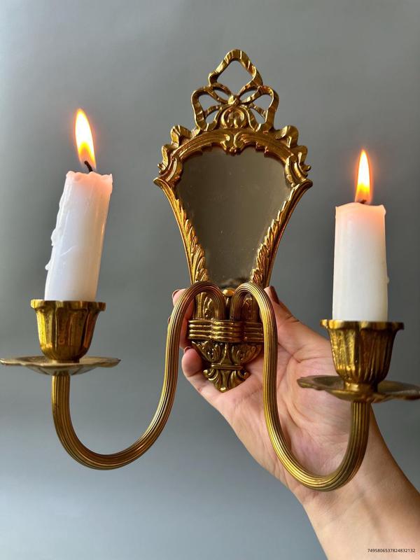 Vintage brass wall sconce with mirror   two-arm candlestick holder   ornate home decor   wall display   taper candle holder   bow detail