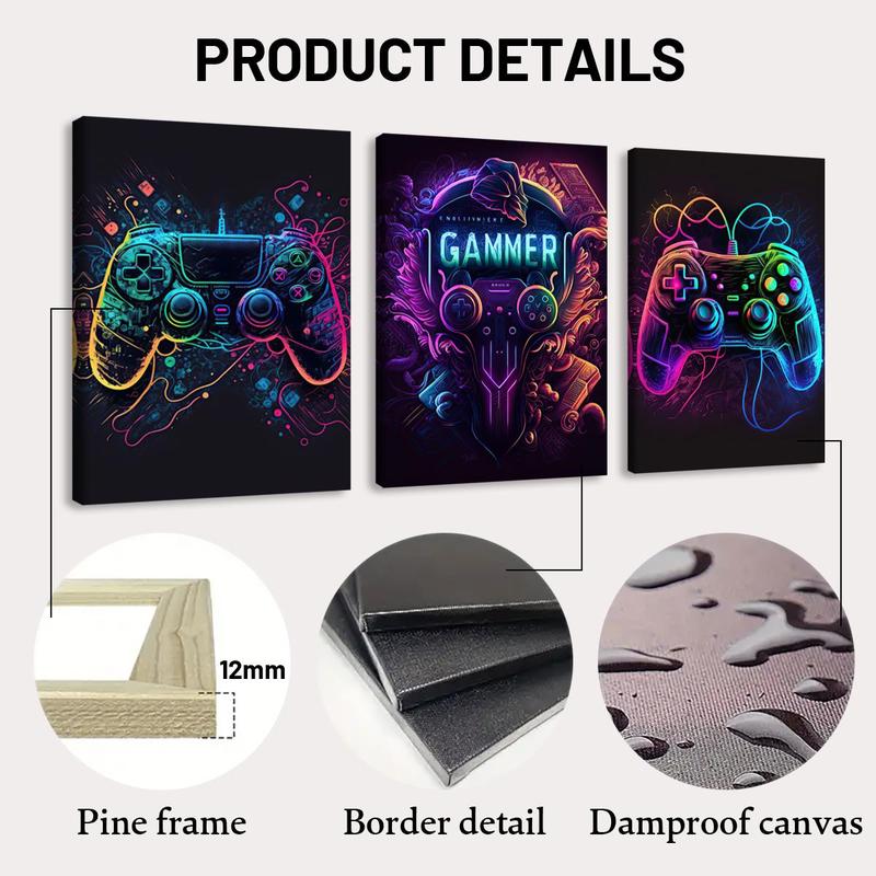 Game Console Neon Pattern Canvas Painting with Frame, 3 Counts set Creative Wall Art Poster, Wall Art Decor for Home Living Room Bedroom Office