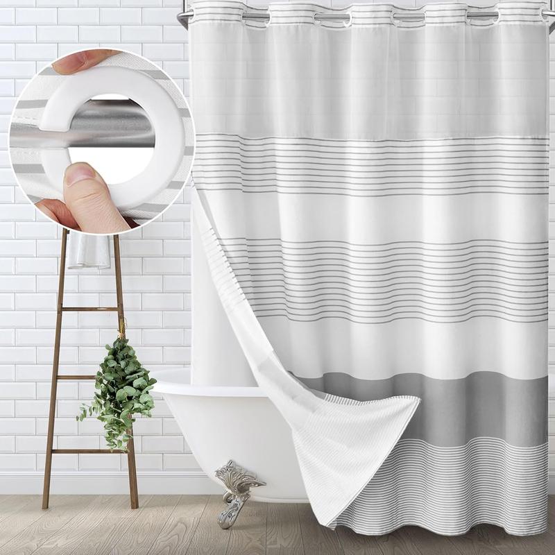 No Hook Shower Curtain with Snap in Liner Set Cotton and Linen Blend Shower Curtain for Bathroom Boho Gray Striped Light Waterproof