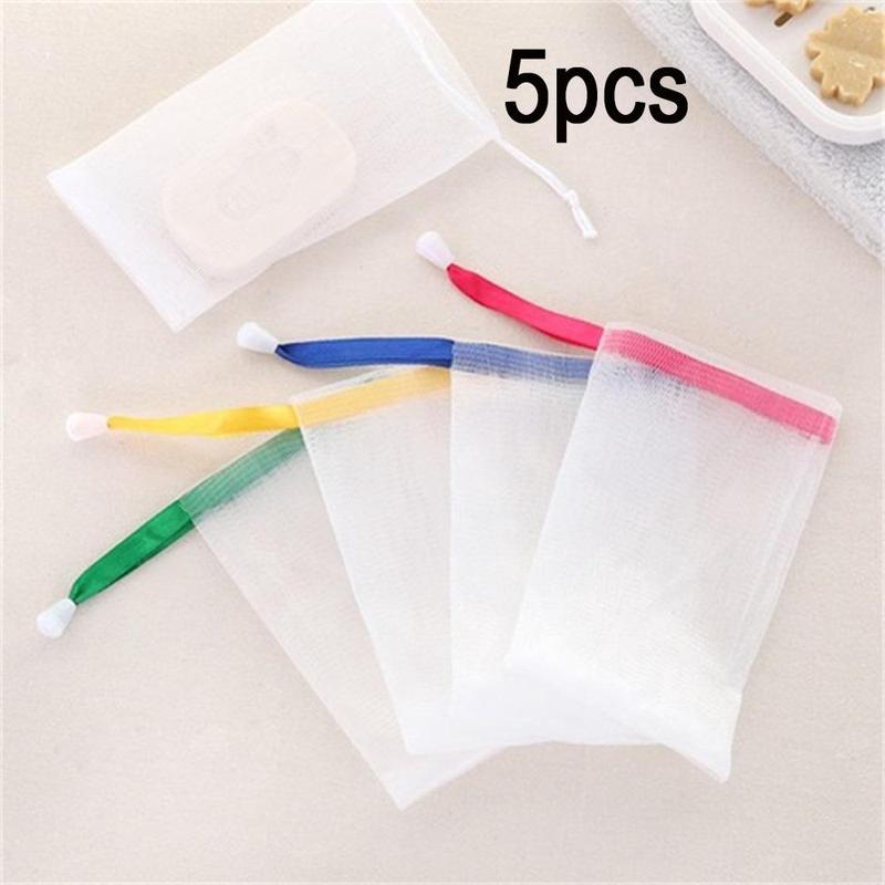 5pcs Square Lathering Mesh, Soap Lathering Mesh Bag With Colorful Ribbon, Handmade Soap & Face Wash Foam Making Accessory For Bathroom Shower