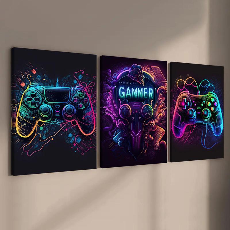 Game Console Neon Pattern Canvas Painting with Frame, 3 Counts set Creative Wall Art Poster, Wall Art Decor for Home Living Room Bedroom Office