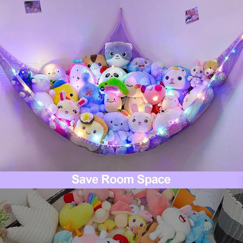 Stuffed Animals Net or Hammock   Storage Organizer with LED Light  Hanging Corner Stuffed Animals Holder  Girls Room Decor (Pack of 1)