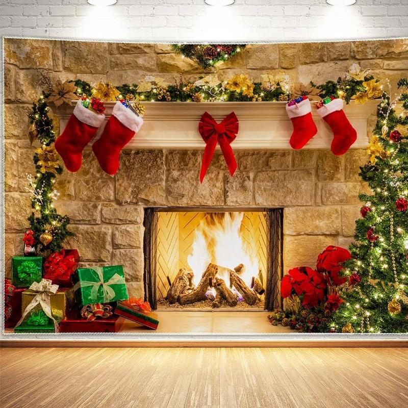 Christmas Fireplace Themed Background, 1 Count Christmas Tree Socks Decoration Background, Photo Background Banner for Home Party Decoration