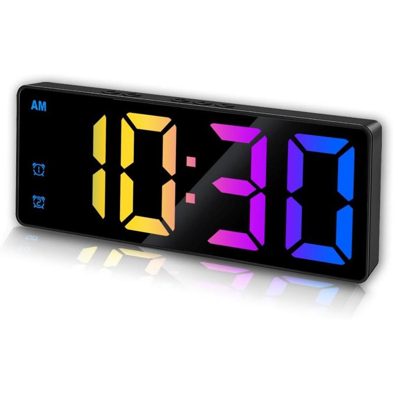 Digital  Clock, Mirror Surface Colorful LED  Clocks Large Display, Adjustable Brightness, Voice Control, Dual Power Supply, Snooze Model for Bedroom, Office, Black Case