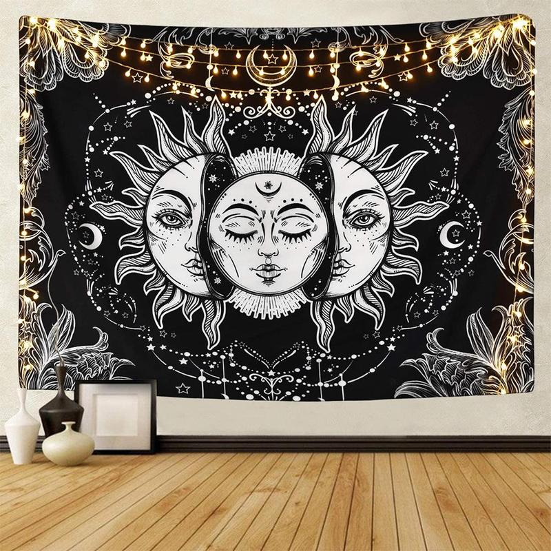 Sun & Moon Pattern Tapestry with Hooks, Square Wall Hanging Decor for Living Room & Bedroom, Bedroom Accessories