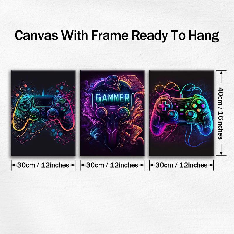 Game Console Neon Pattern Canvas Painting with Frame, 3 Counts set Creative Wall Art Poster, Wall Art Decor for Home Living Room Bedroom Office