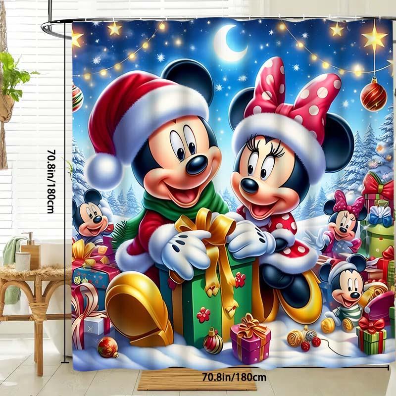 Cartoon Mickey & Minnie Pattern Shower Curtain, 1 Count Waterproof Bathroom Curtain with 12 Hooks, Bathroom Decor Supplies for Home Hotel Salon Dormitory