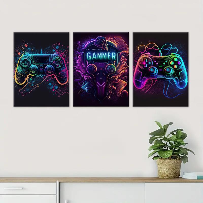 Game Console Neon Pattern Canvas Painting with Frame, 3 Counts set Creative Wall Art Poster, Wall Art Decor for Home Living Room Bedroom Office