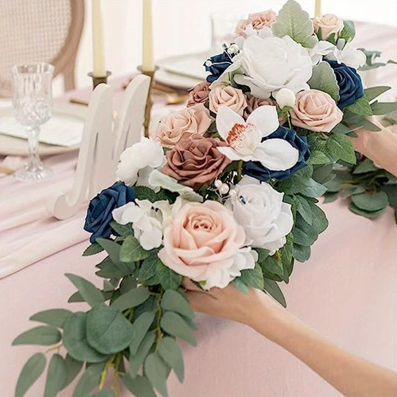 2Pieces Artificial Flower, Artificial Wedding Flowers Row Champagne Table Runner Centerpiece Arrange Reception Arches Wall Setting Decor