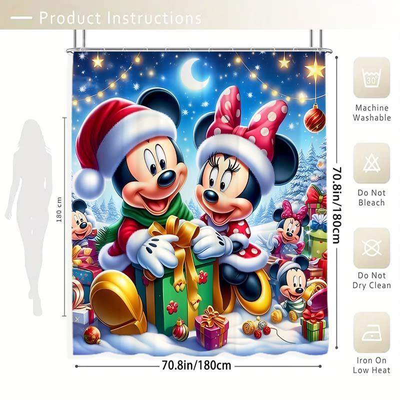 Cartoon Mickey & Minnie Pattern Shower Curtain, 1 Count Waterproof Bathroom Curtain with 12 Hooks, Bathroom Decor Supplies for Home Hotel Salon Dormitory