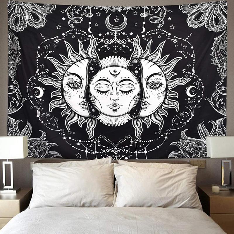 Sun & Moon Pattern Tapestry with Hooks, Square Wall Hanging Decor for Living Room & Bedroom, Bedroom Accessories