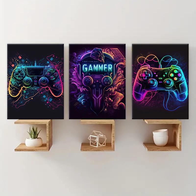 Game Console Neon Pattern Canvas Painting with Frame, 3 Counts set Creative Wall Art Poster, Wall Art Decor for Home Living Room Bedroom Office