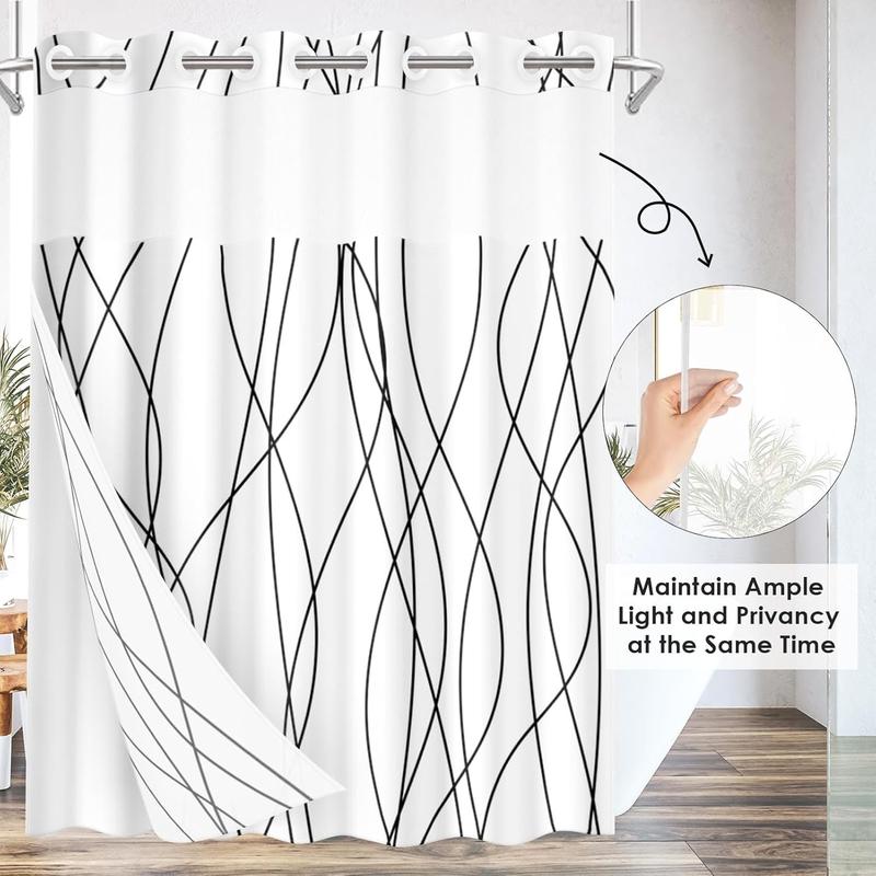 No Hook Black and White Striped Shower Curtain with Snap in Fabric Liner Set, Double Layers Waterproof Fabric with See Through Top Window Open Grommet Bath Curtain 71x74 Inch Door