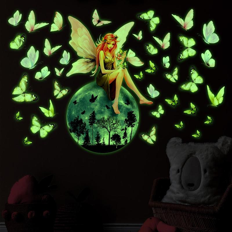 Butterfly & Fairy Pattern Wall Sticker, 1 Count Glow in The Dark Wall Decal, Decorative Sticker for Home Bedroom Living Room