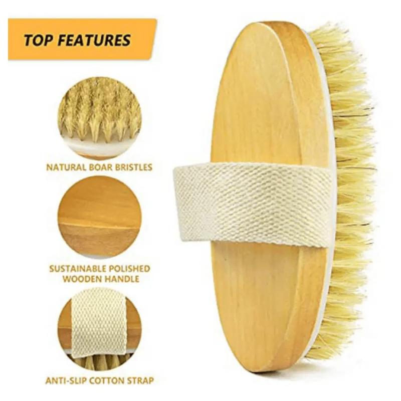 Wooden Handle Dry Body Brush, Oval Body Scrubber For Dead Skin Removal, Exfoliating, Portable Manual Body Massage Brush For Home & Travel Use