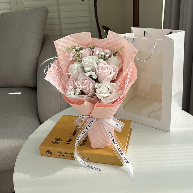 Artificial Rose  Flowers  Bouquet with Gift Bag, 1 Count Romantic Faux Rose Flower Bouquet, Decorative Flower Bouquet for Home Party Wedding Anniversary Festival