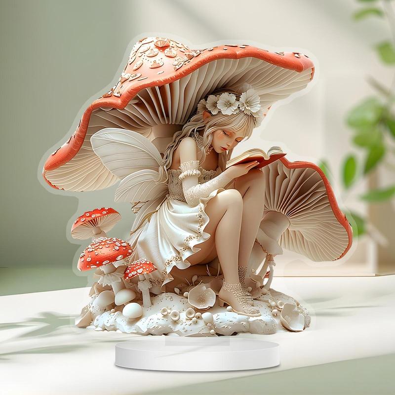 Fairy Reading Under Mushroom Design Desktop Decoration, 1 Count 2D High Definition Printing Art Plaque, Home Decor for Living Room, Bedroom, Office