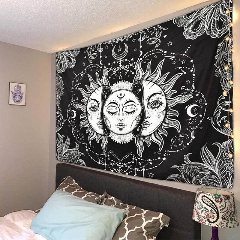 Sun & Moon Pattern Tapestry with Hooks, Square Wall Hanging Decor for Living Room & Bedroom, Bedroom Accessories