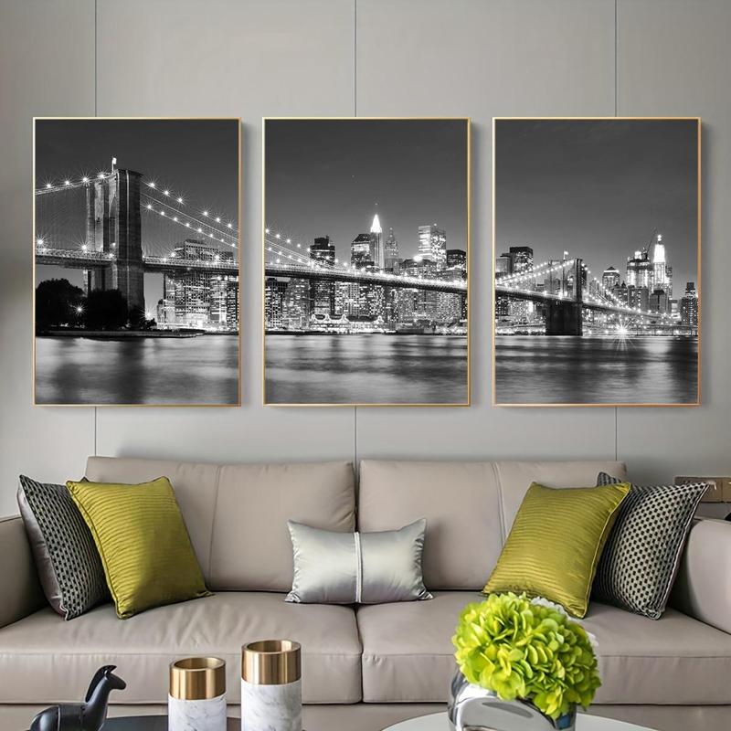 City Night Bridge Pattern Canvas Poster without Frame, 3 Counts set Architecture Themed Wall Art, Wall Decor for Home Living Room Bedroom Office