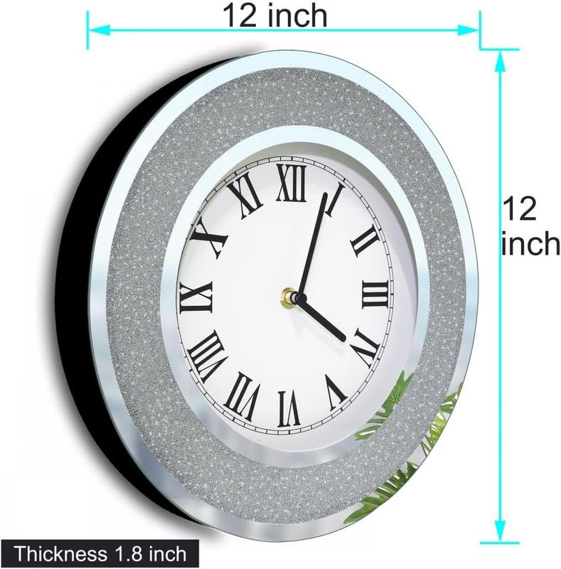 Silver Round Mirror Clock 12 inch. Glam Sparkle Twinkle Shining Mirrored Wall Clock for Wall Decoration