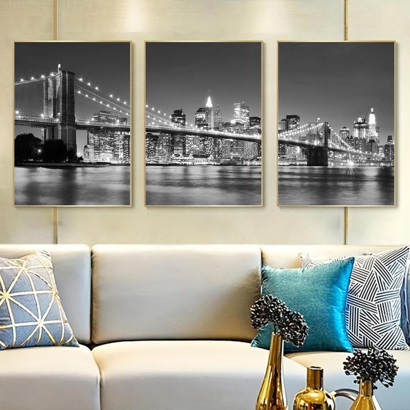 City Night Bridge Pattern Canvas Poster without Frame, 3 Counts set Architecture Themed Wall Art, Wall Decor for Home Living Room Bedroom Office