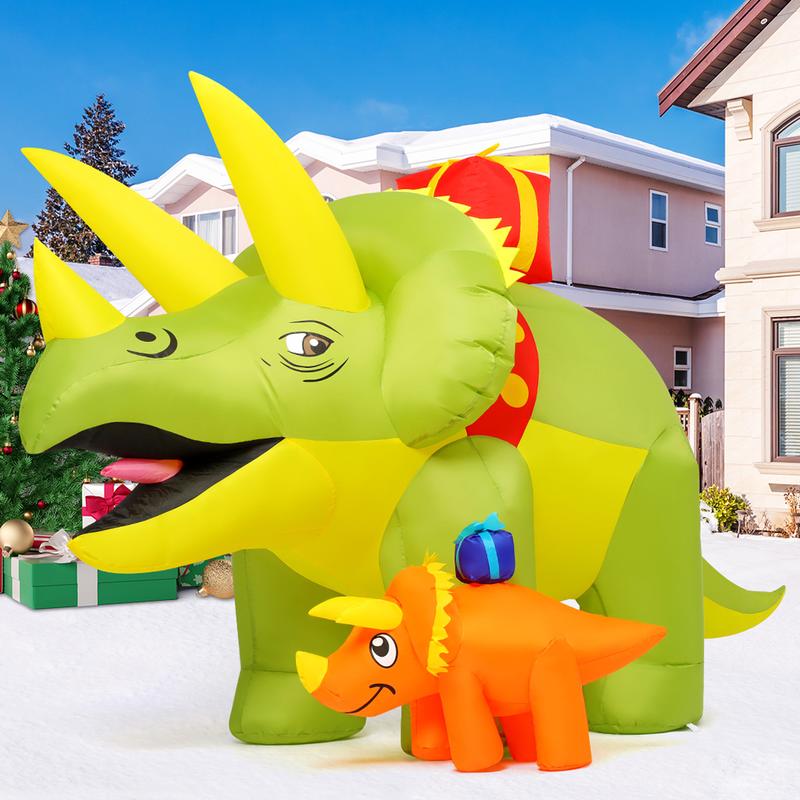 GOOSH 7.5 FT Length Christmas Inflatables Green Triceratops Dinosaur with Baby Dino Carry Gift Box, Blow Up Yard Decorations with Built-in LED Lights for Garden Lawn Outdoor Yard Xmas Winter Holiday  Ornaments