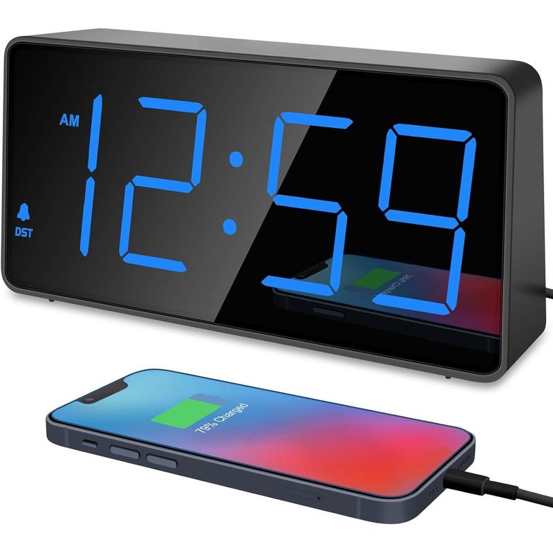 Digital Alarm Clock for Bedroom Bedside, Loud Alarm Clock for Heavy Sleepers, Large Big LED Numbers for Seniors, Battery Backup Plug in Electric Clock with USB Charger (Blue)