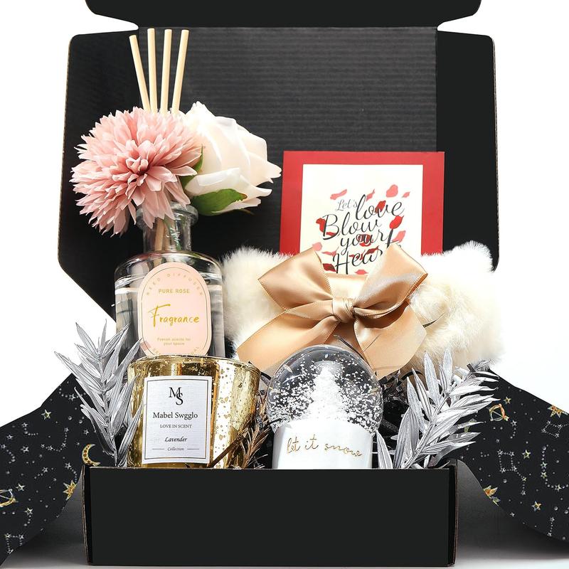 Christmas Gifts for Women Mom and Best Friends,Birthdays Gift Baskets for Women,Includes Scented Candle Reed Diffuser Fuzzy Socks Snow Globe Decor Flowers & More Perfume