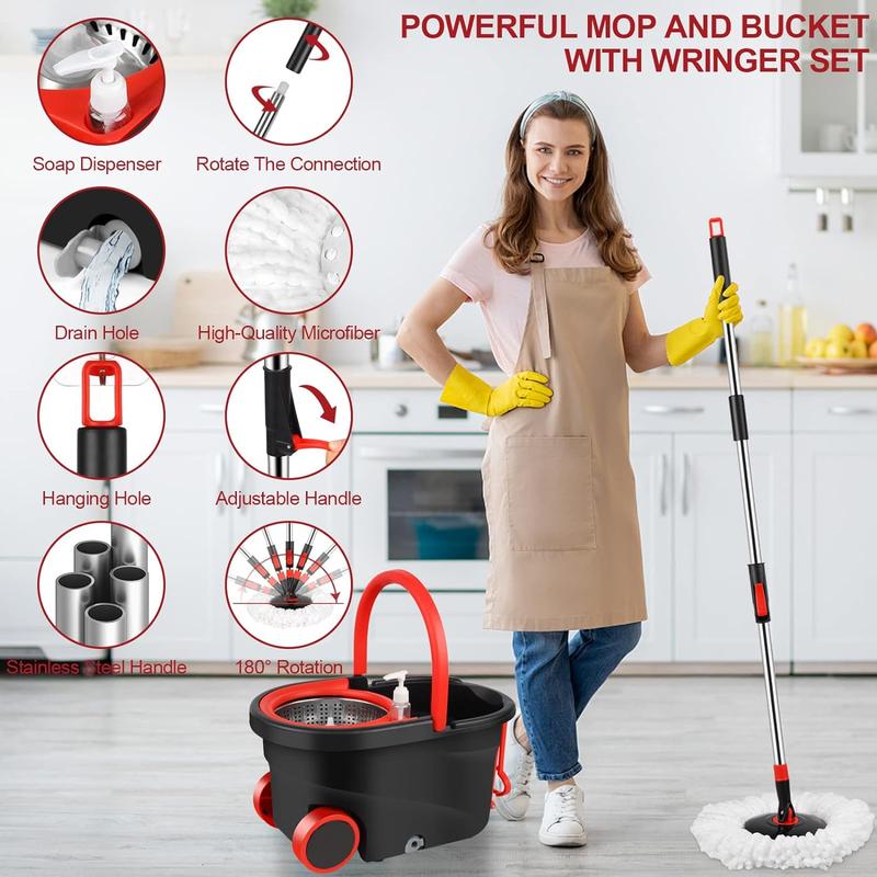 Black Friday Mop Bucket with Wheels, 3 Microfiber Heads, Adjustable Extendable Handle Household Cleaning Tools Plastic Bucket Box, Christmas Gifts