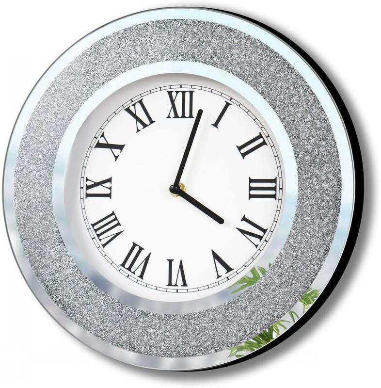 Silver Round Mirror Clock 12 inch. Glam Sparkle Twinkle Shining Mirrored Wall Clock for Wall Decoration