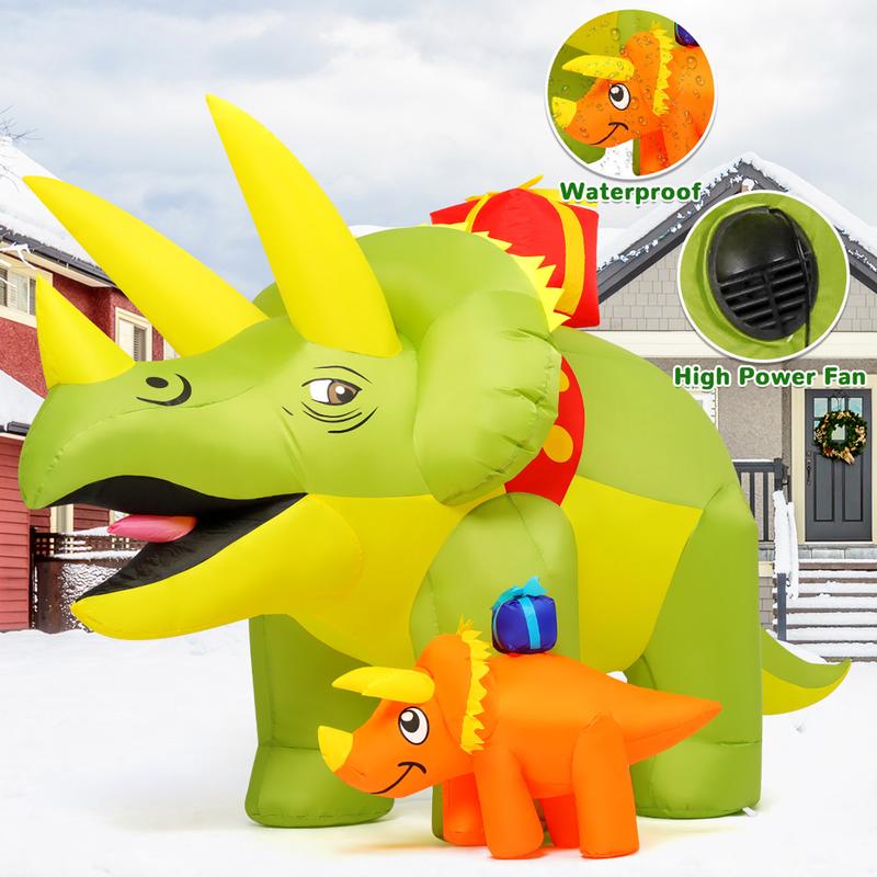 GOOSH 7.5 FT Length Christmas Inflatables Green Triceratops Dinosaur with Baby Dino Carry Gift Box, Blow Up Yard Decorations with Built-in LED Lights for Garden Lawn Outdoor Yard Xmas Winter Holiday  Ornaments