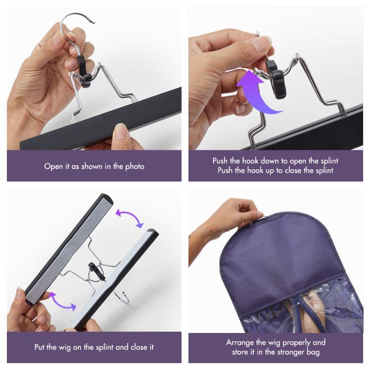 Portable Hair Extension Storage Wig Bags with Anti-slip Wooden Hanger & Transparent Zip Up Closure Organiser Hangable