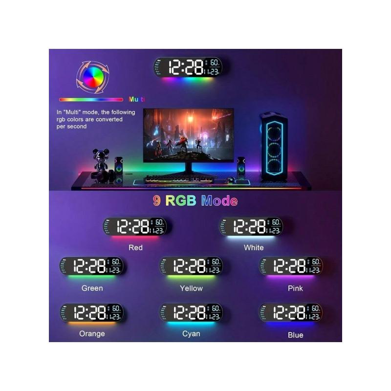 Large Digital Wall Clock With Remote Control 13.7', Auto Brightness, 9 RGB Ambient Light, Dual Alarm Clock&Timer, 12 24H Mode, Temperature For Bedroom, Wall Decor Gift For Elder, Black, 2 Pack