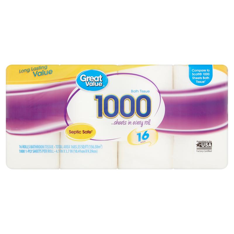 Great Value 1000 Bath Tissue Rolls, Pack of 16 - Toilet Wipes