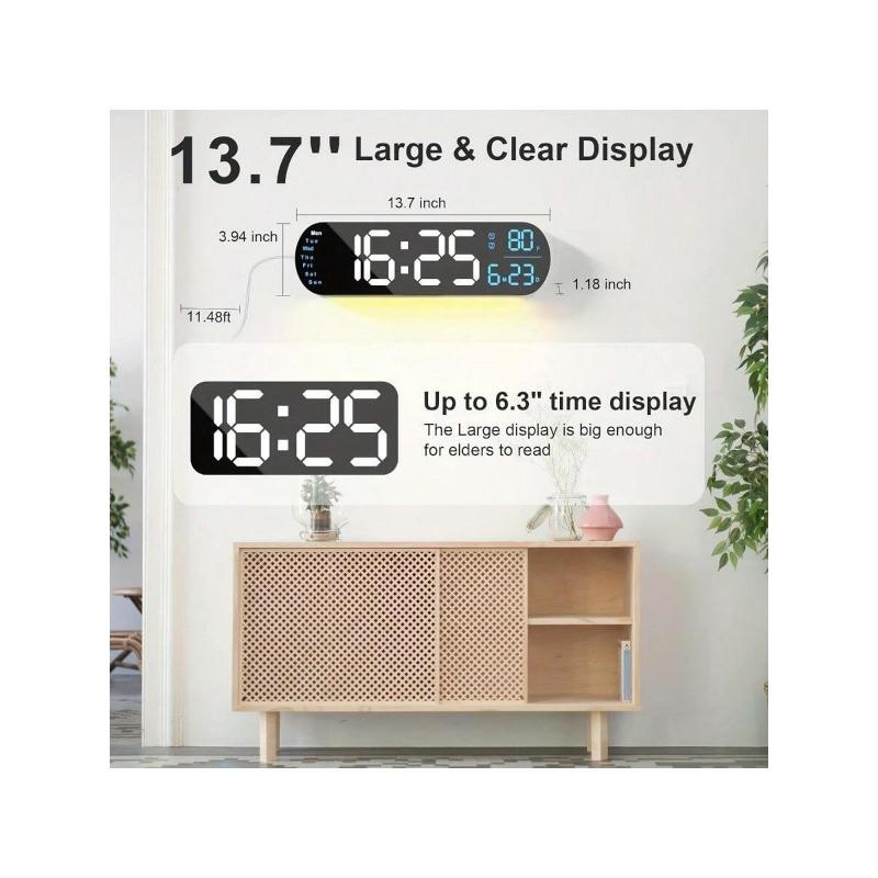 Large Digital Wall Clock With Remote Control 13.7', Auto Brightness, 9 RGB Ambient Light, Dual Alarm Clock&Timer, 12 24H Mode, Temperature For Bedroom, Wall Decor Gift For Elder, Black, 2 Pack