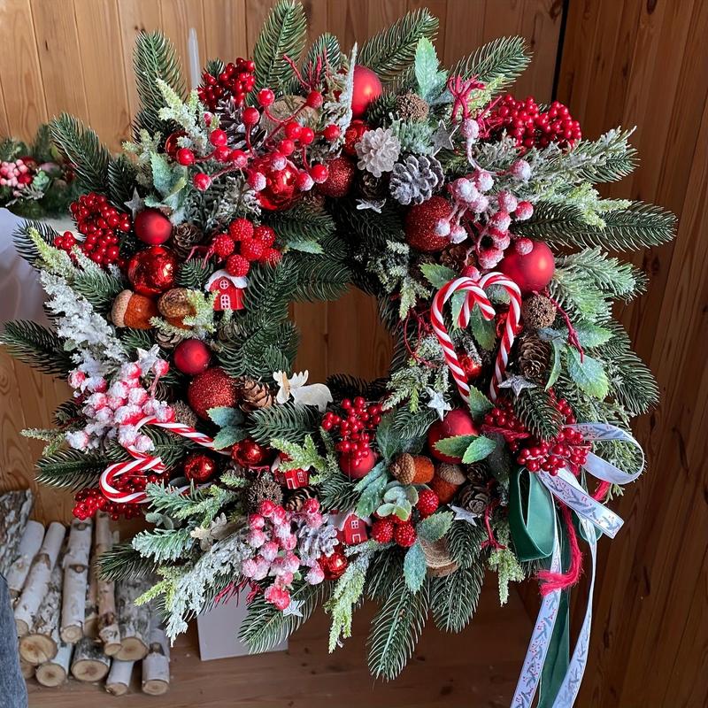 Artificial Christmas Wreath, Faux Christmas Wreath with Pine Cone & Red Berry, Front Door Wreath, Festive & Party Supplies