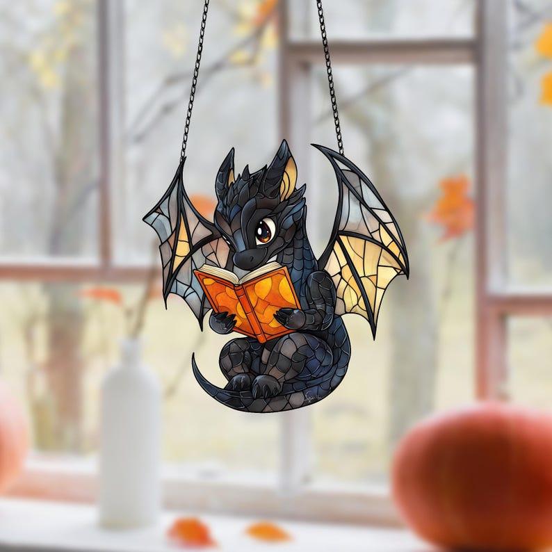 Purple Dragon Sleeping On Pumpkin ACRYLIC Window Hanging, Halloween Dragon, Dragon Lover, Kute Dragon Gift, Spooky Season Decor, Dragon Gift Ornaments Decoration