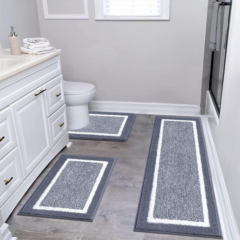 Bathroom Rug Mat Set 3 Piece, Microfiber Shaggy Bath Set, Non-Slip Ultra Soft Carpet Mats, Absorbent with U-Shaped Toilet for Bathroom, Tub, Shower, Dark Grey