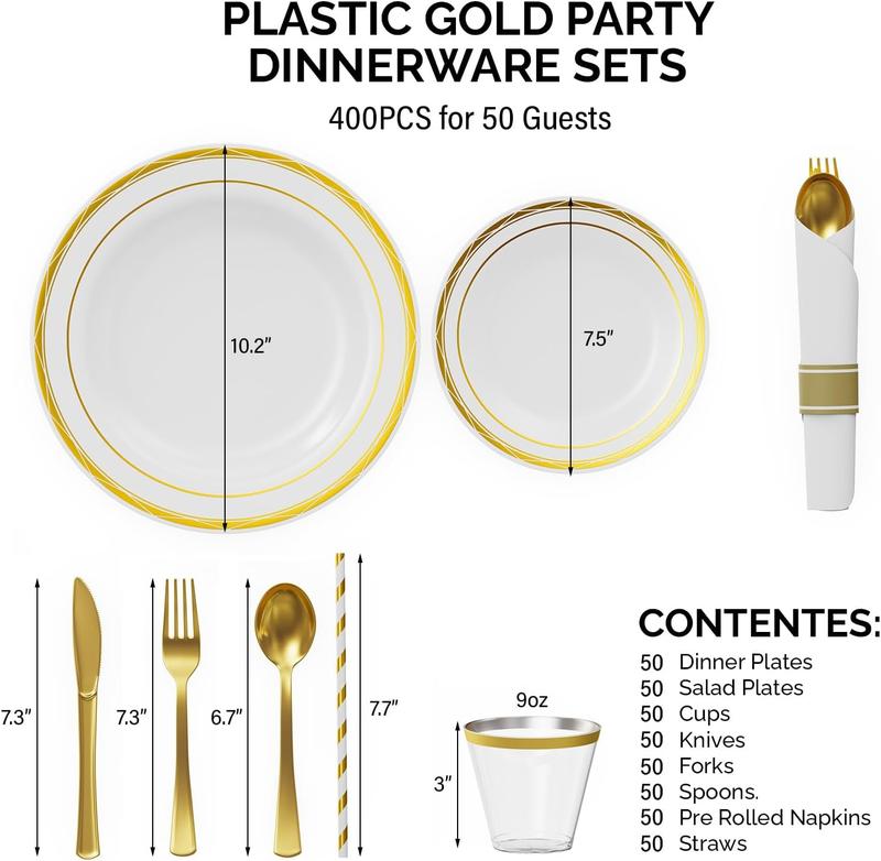 ROVSUN 400 Pieces Gold Disposable Dinnerware Set 50 Guests,Elegant Plastic Plates for Party Wedding, 50 Pre Rolled Napkins with Silverware, 50 Dinner Plates, 50 Dessert Plates, 50 Cups, 50 Straws