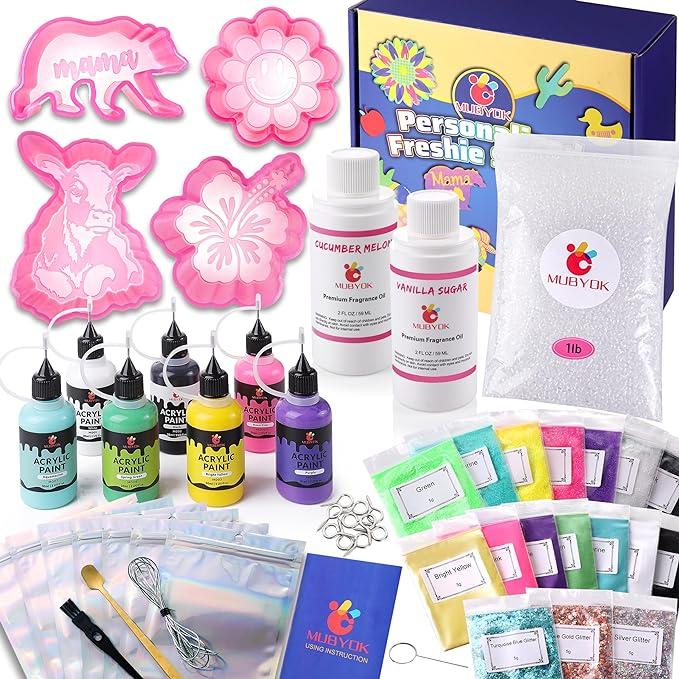 MUBYOK Car Freshies Starter Kit DIY Freshie Supplies Making Kit with 250G Unscented Aroma Beads,2 oz Fragrance Oil,Freshies Silicone Molds，Acrylic Paint,Mica Powder,Glitter（Make 3 freshie）