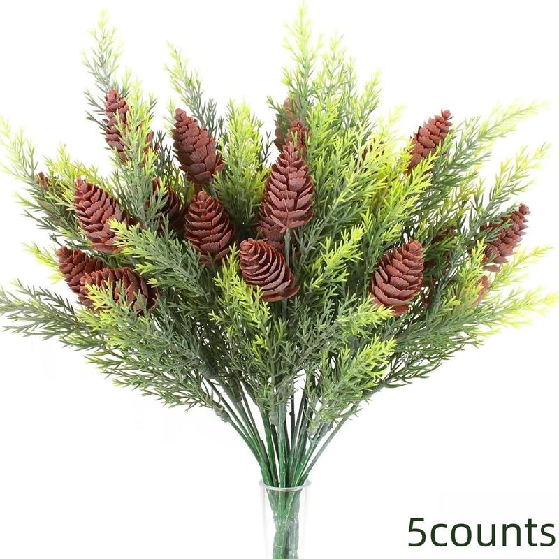 Artificial Winter Pine Needles Branches, 5 Counts Fake Greenery Pine Picks with Pinecone, DIY Xmas Wreath Garland Decoration, Room Decor