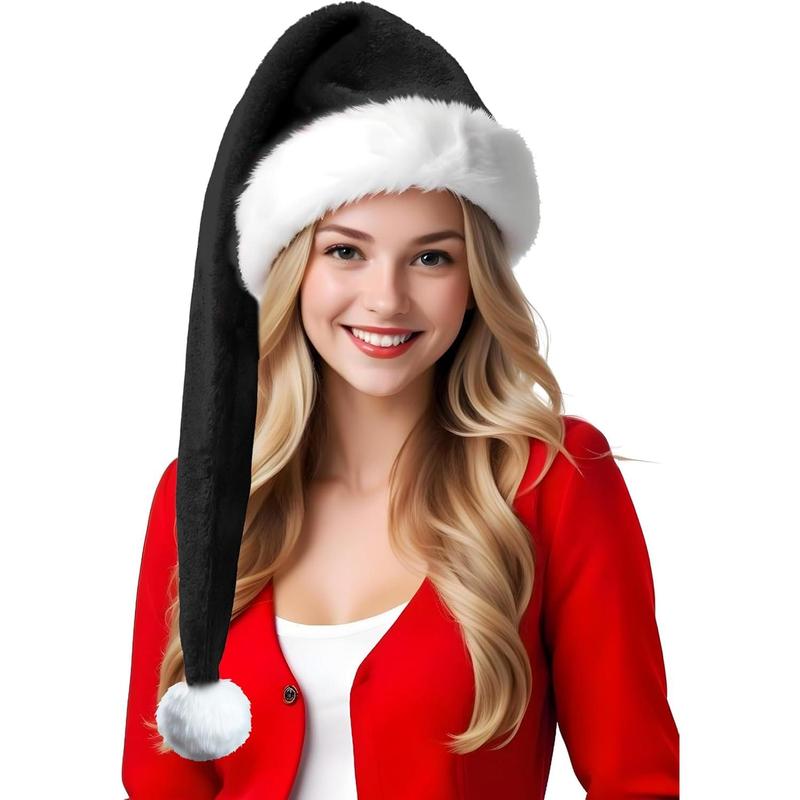 Christmas Black Santa Hat Long, Adults Deluxe Black and White Xmas Christmas Hat for Black Christmas Theme  Year Festive Holiday Party Supplies