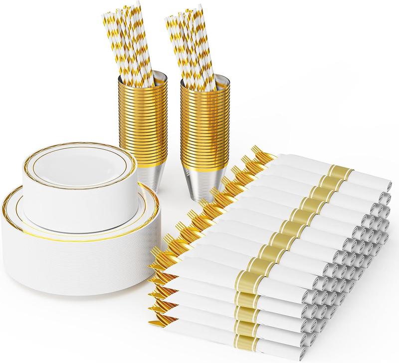 ROVSUN 400 Pieces Gold Disposable Dinnerware Set 50 Guests,Elegant Plastic Plates for Party Wedding, 50 Pre Rolled Napkins with Silverware, 50 Dinner Plates, 50 Dessert Plates, 50 Cups, 50 Straws