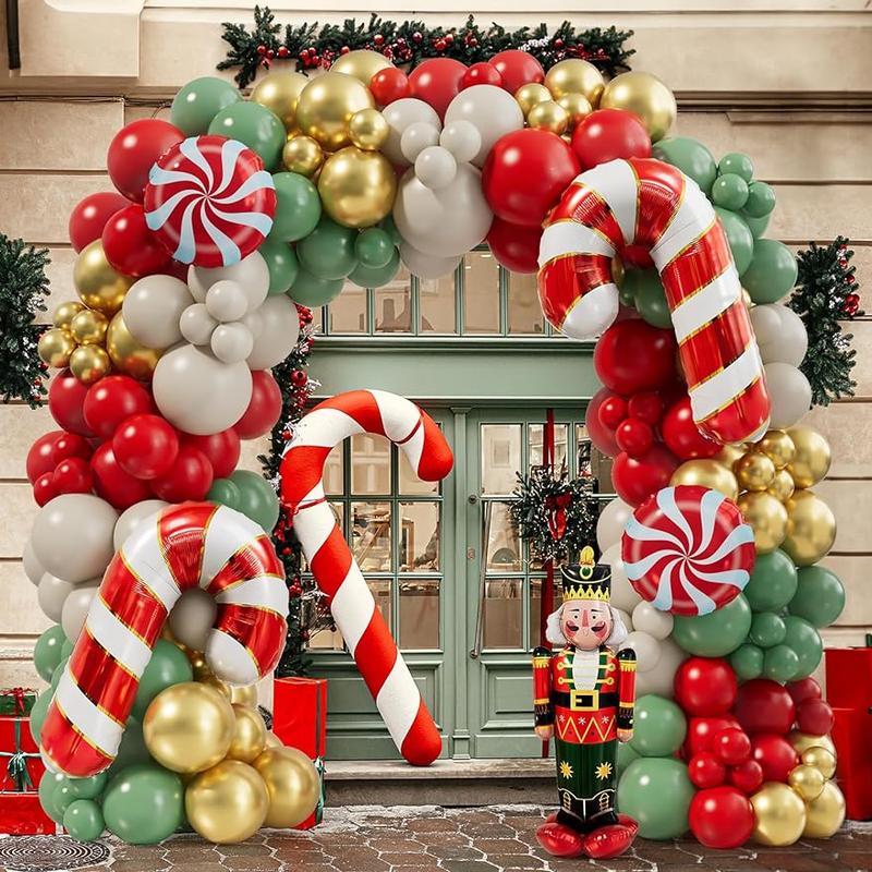 168 Pcs Red Sage Green Gold White Sand Balloons Christmas Balloon Garland Arch Kit Candy Balloons Cand Cane Balloons Nutcracker Balloons for Christmas Party Decorations Supplies