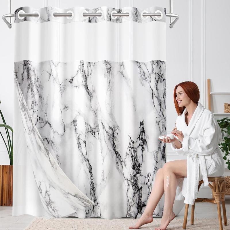 No Hook Marble Ocean Stone Shower Curtain with Snap-in Liner, Gray Double Layers Waterproof Fabric with See Through Top Window Open Grommet Bath Curtain 71x74 Inch