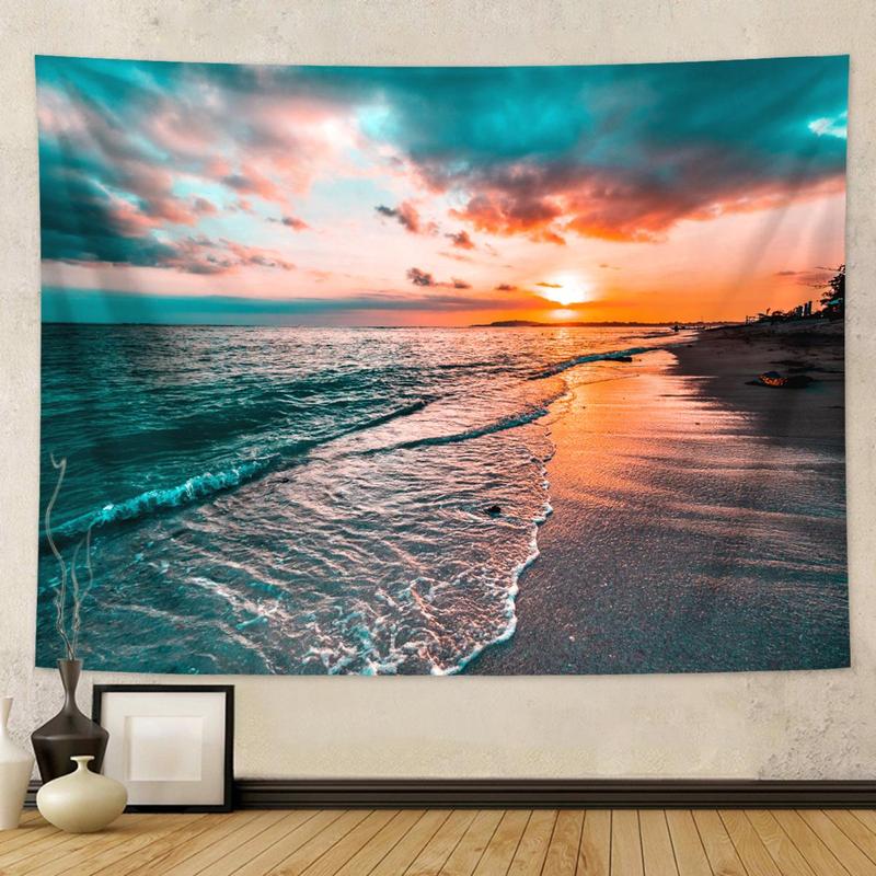 Beach Landscape Pattern Tapestry, 1 Count Sunset & Dusk Beautiful Scenery Tapestry, Wall Hanging Decor for Living Room & Bedroom & Office