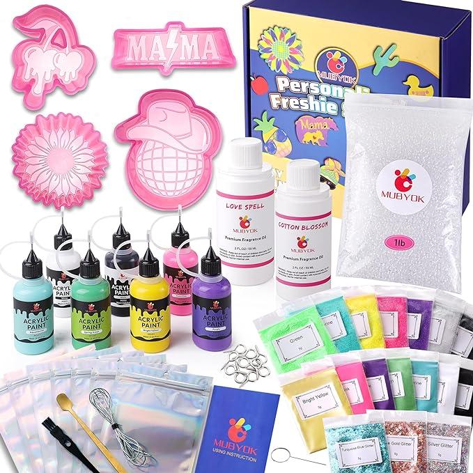 MUBYOK Car Freshies Starter Kit DIY Freshie Supplies Making Kit with 250G Unscented Aroma Beads,2 oz Fragrance Oil,Freshies Silicone Molds，Acrylic Paint,Mica Powder,Glitter（Make 3 freshie）