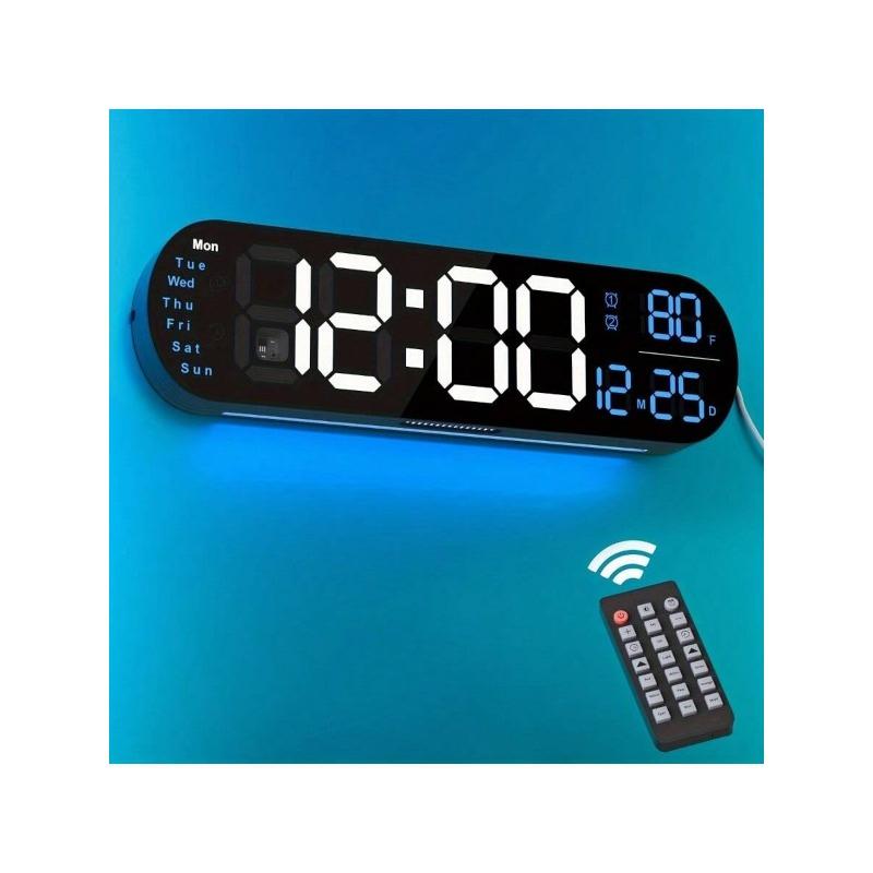 Large Digital Wall Clock With Remote Control 13.7', Auto Brightness, 9 RGB Ambient Light, Dual Alarm Clock&Timer, 12 24H Mode, Temperature For Bedroom, Wall Decor Gift For Elder, Black, 2 Pack